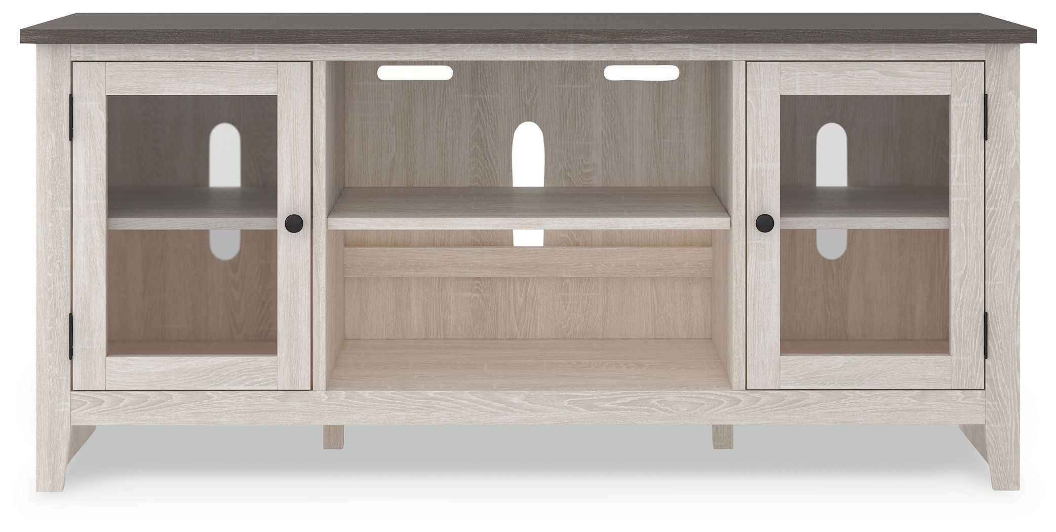 White TV stand with dark top, two side cabinet doors with window panels, central open shelf