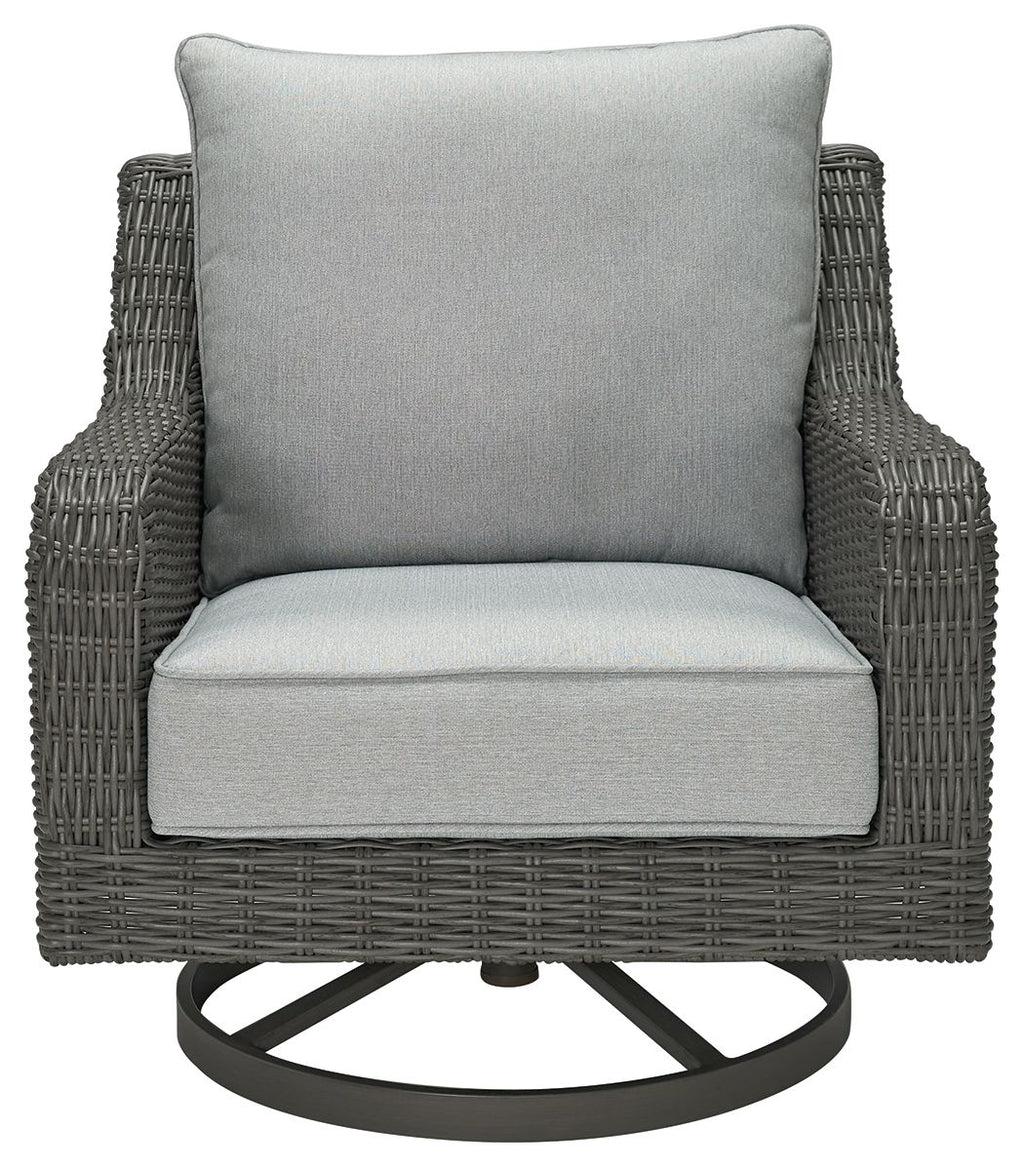 Gray swivel lounge chair with light gray cushion and woven dark-gray wicker base
