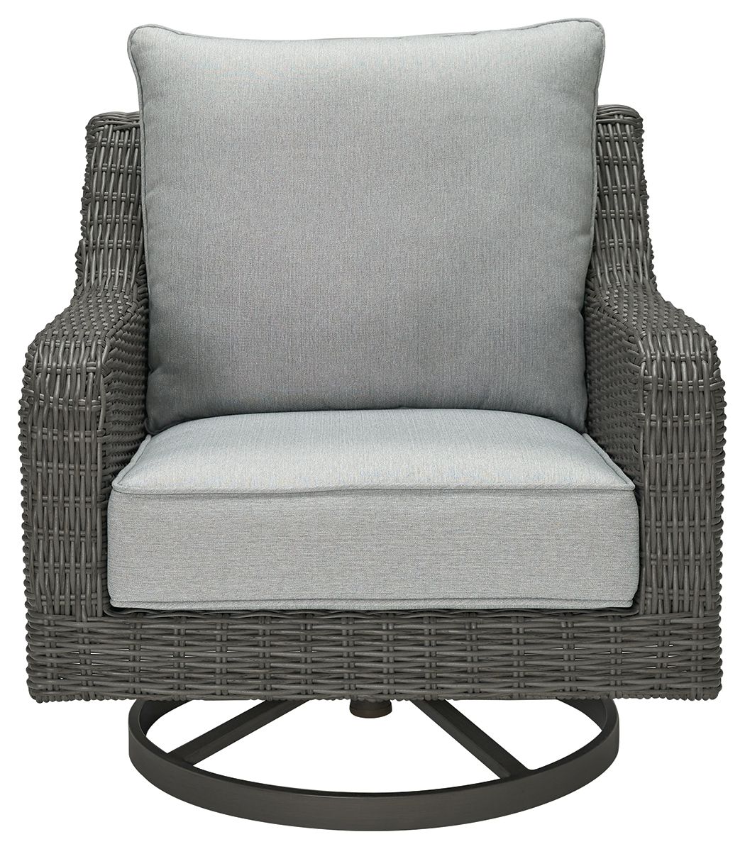 Gray swivel lounge chair with light gray cushion and woven dark-gray wicker base