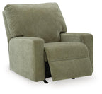 Dark green fabric rocker recliner chair with wide padded arms and cushioned back.