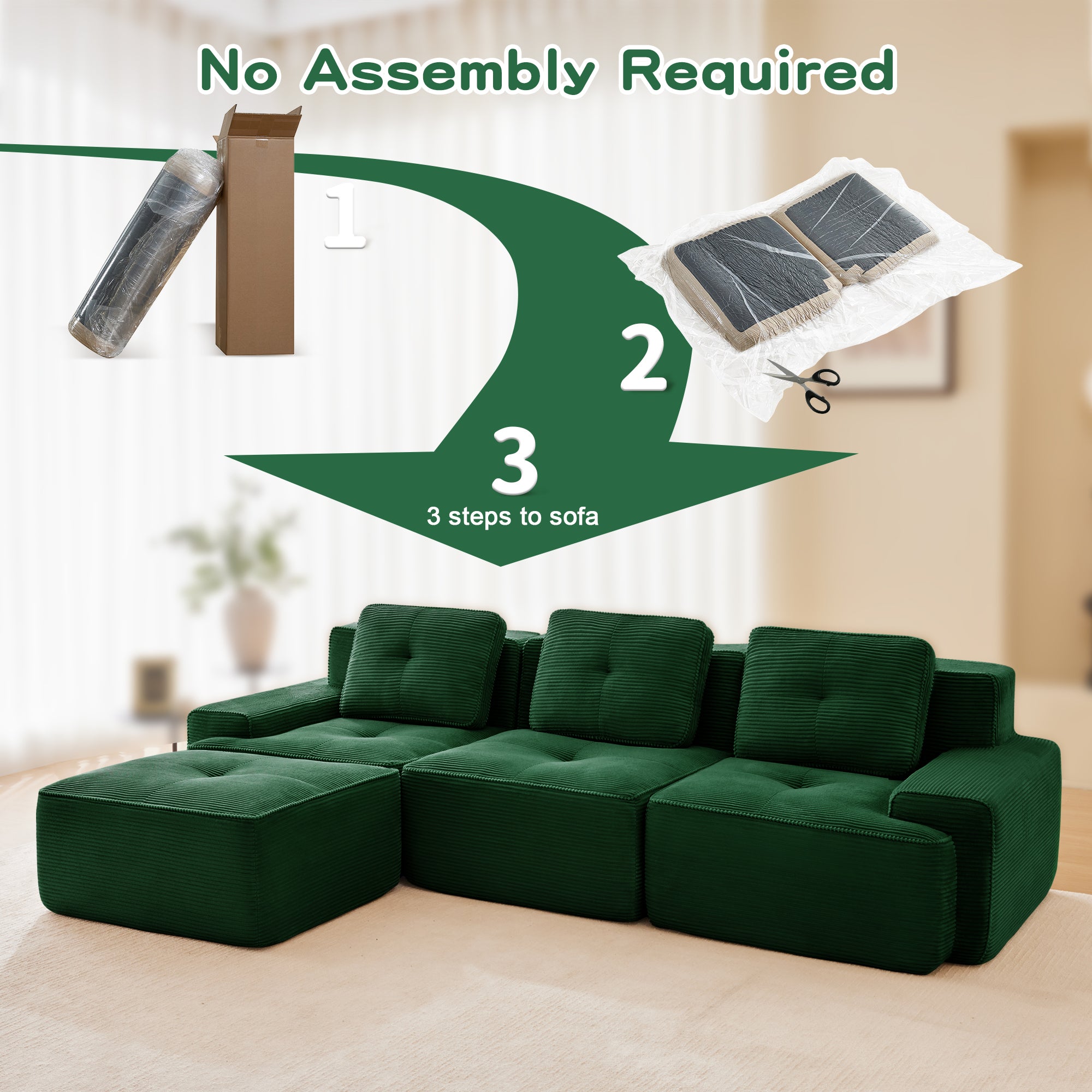 Green corduroy modular sectional sofa with multiple seat sections and ottoman