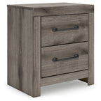 Gray night stand with two drawers and dark metal bar pulls