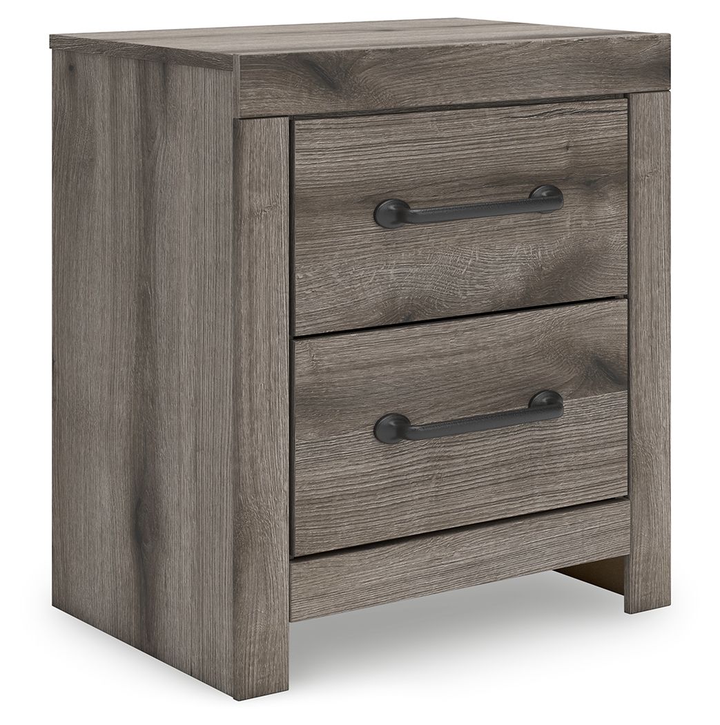 Gray night stand with two drawers and dark metal bar pulls