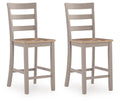 Set of 2 gray barstools with slatted backs and natural wood seats