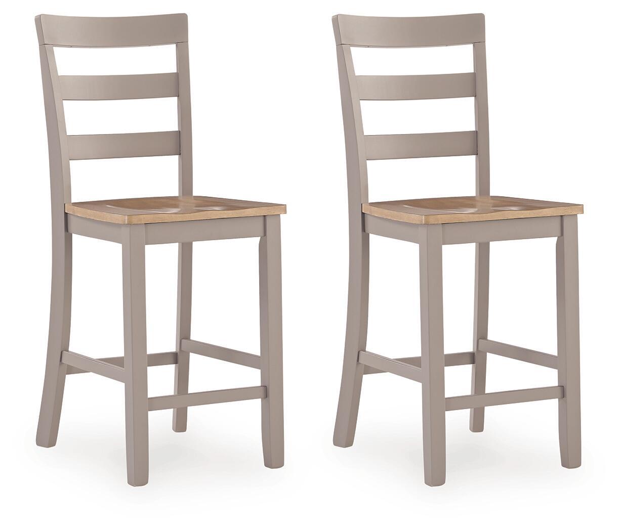 Set of 2 gray barstools with slatted backs and natural wood seats