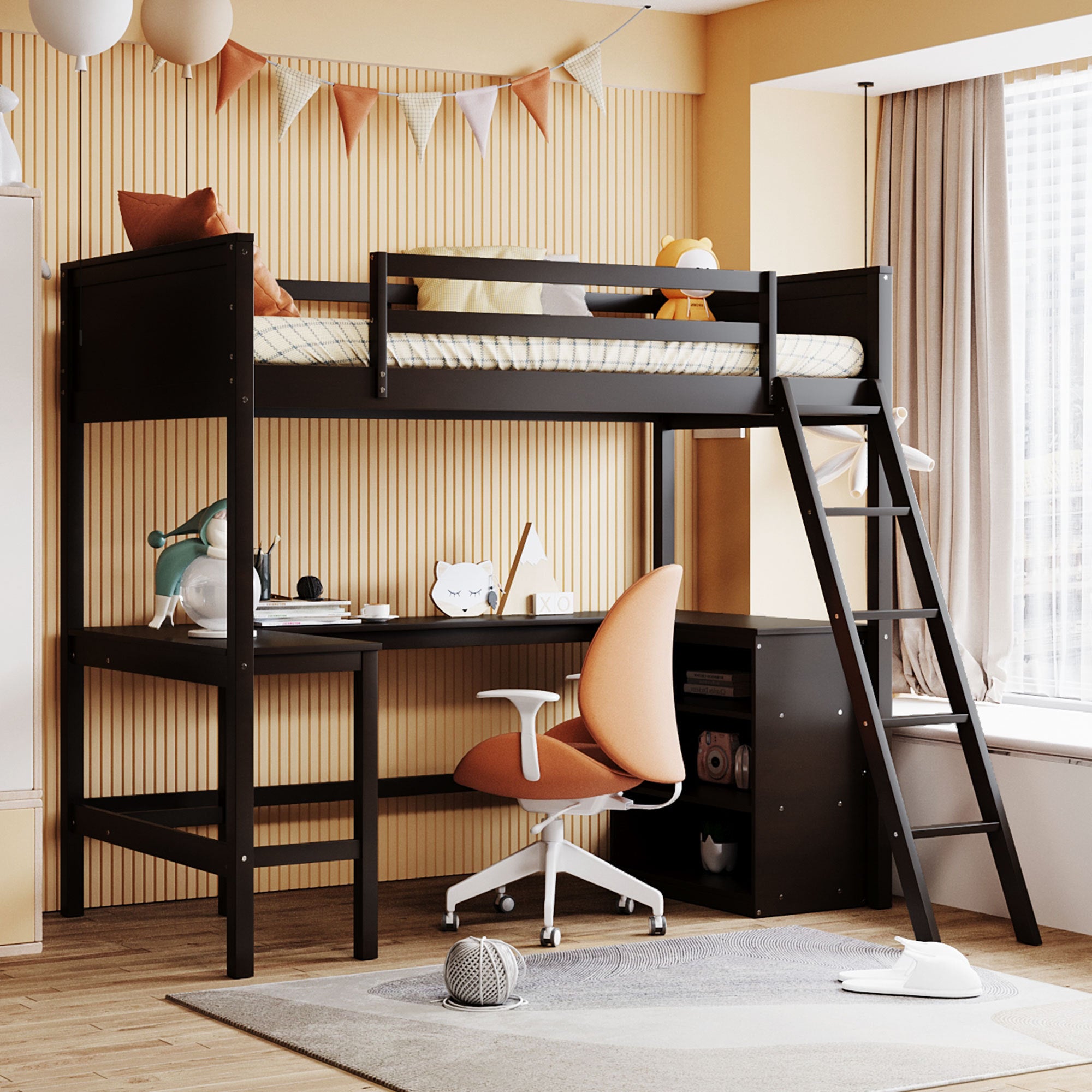 Twin Size Wooden Loft Bed with Desk, Shelves, Storage - Espresso Finish