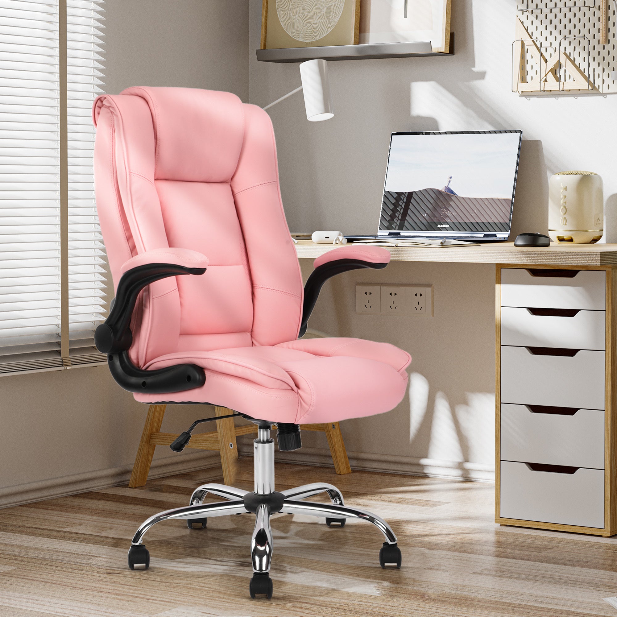 Pink Executive Office Chair Leather Flip-Up Armrests