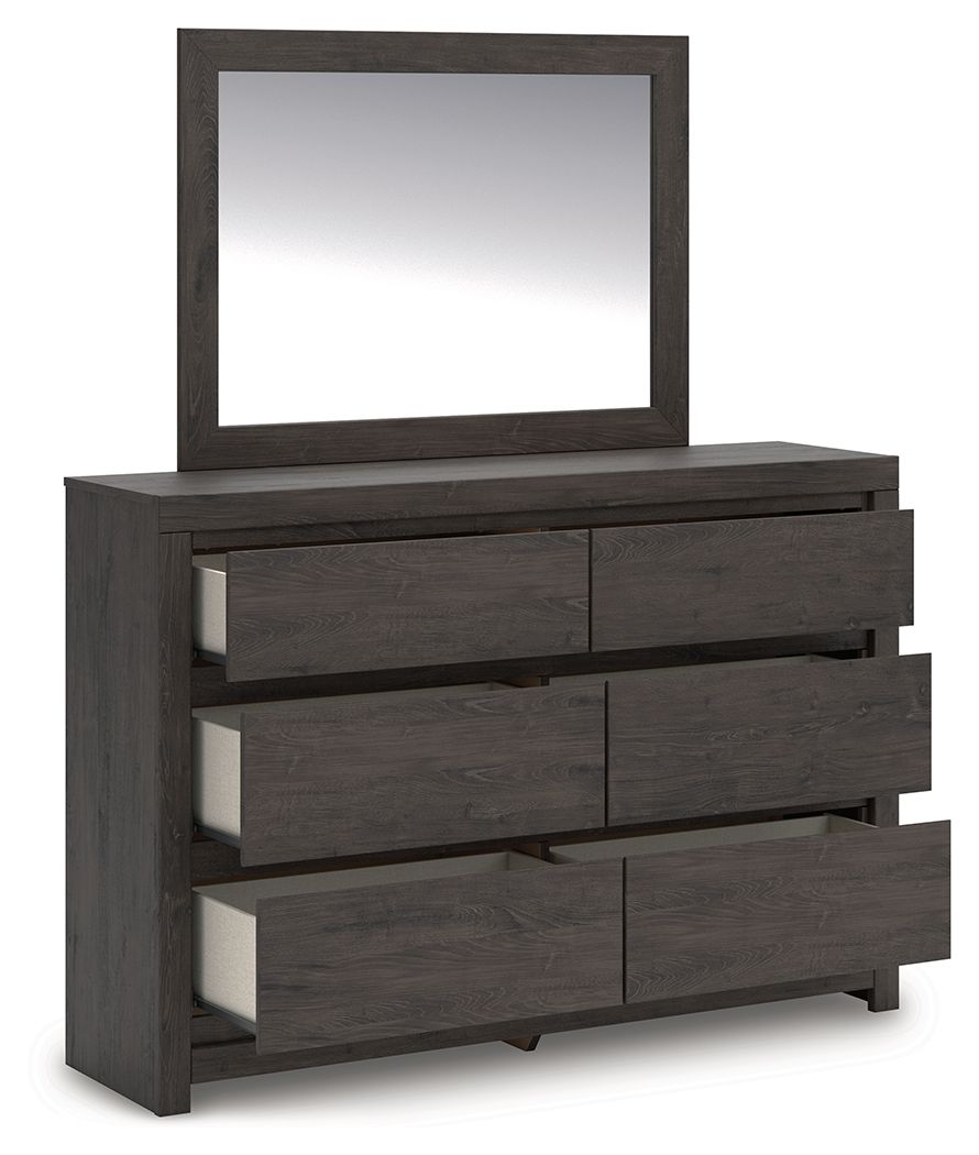 Charcoal dresser with square mirror; three drawers extended for storage access