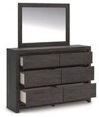 Charcoal dresser with square mirror; three drawers extended for storage access