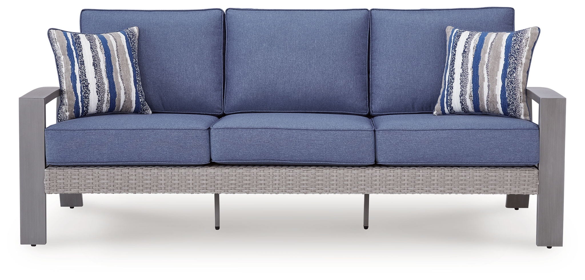 Blue outdoor sofa with gray frame, three seat sections and two striped throw pillows