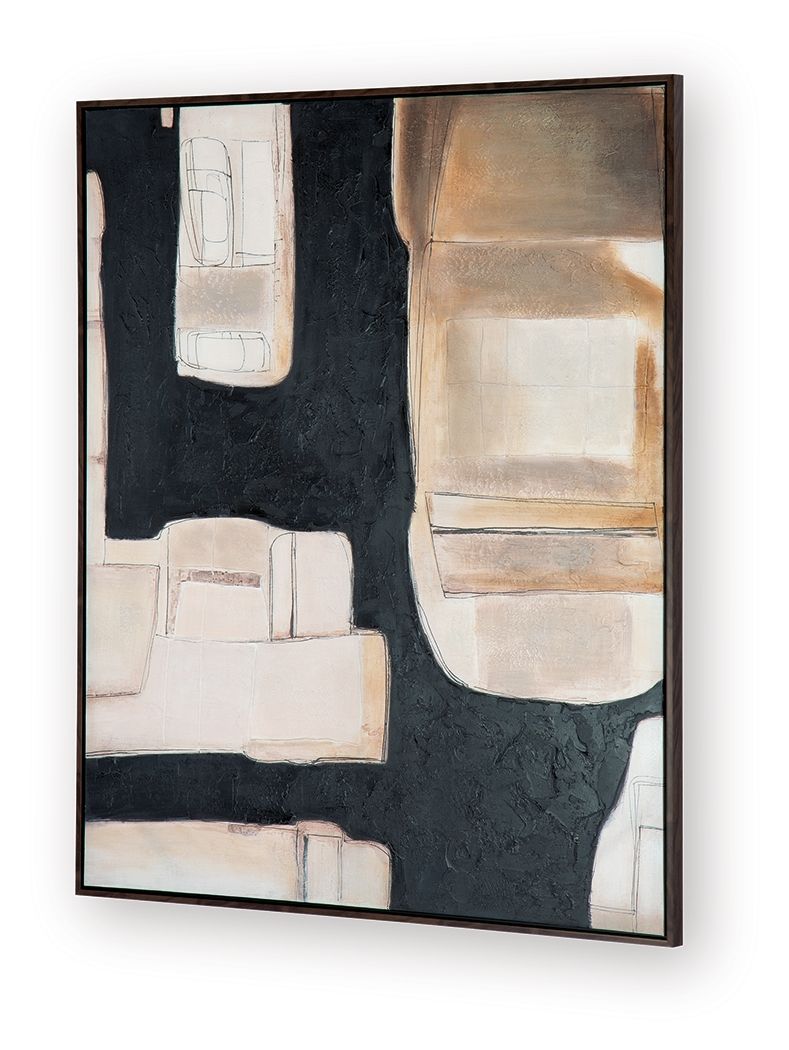 Framed abstract wall art with cream rectangles and brown highlights on dark textured ground