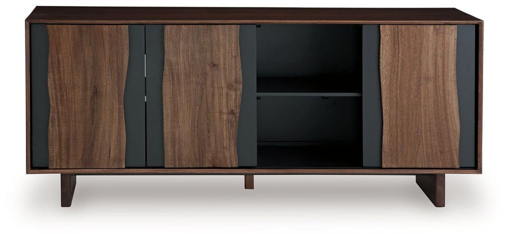 Brown and charcoal accent cabinet with central shelf, side doors, and tapered legs