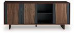 Brown and charcoal accent cabinet with central shelf, side doors, and tapered legs