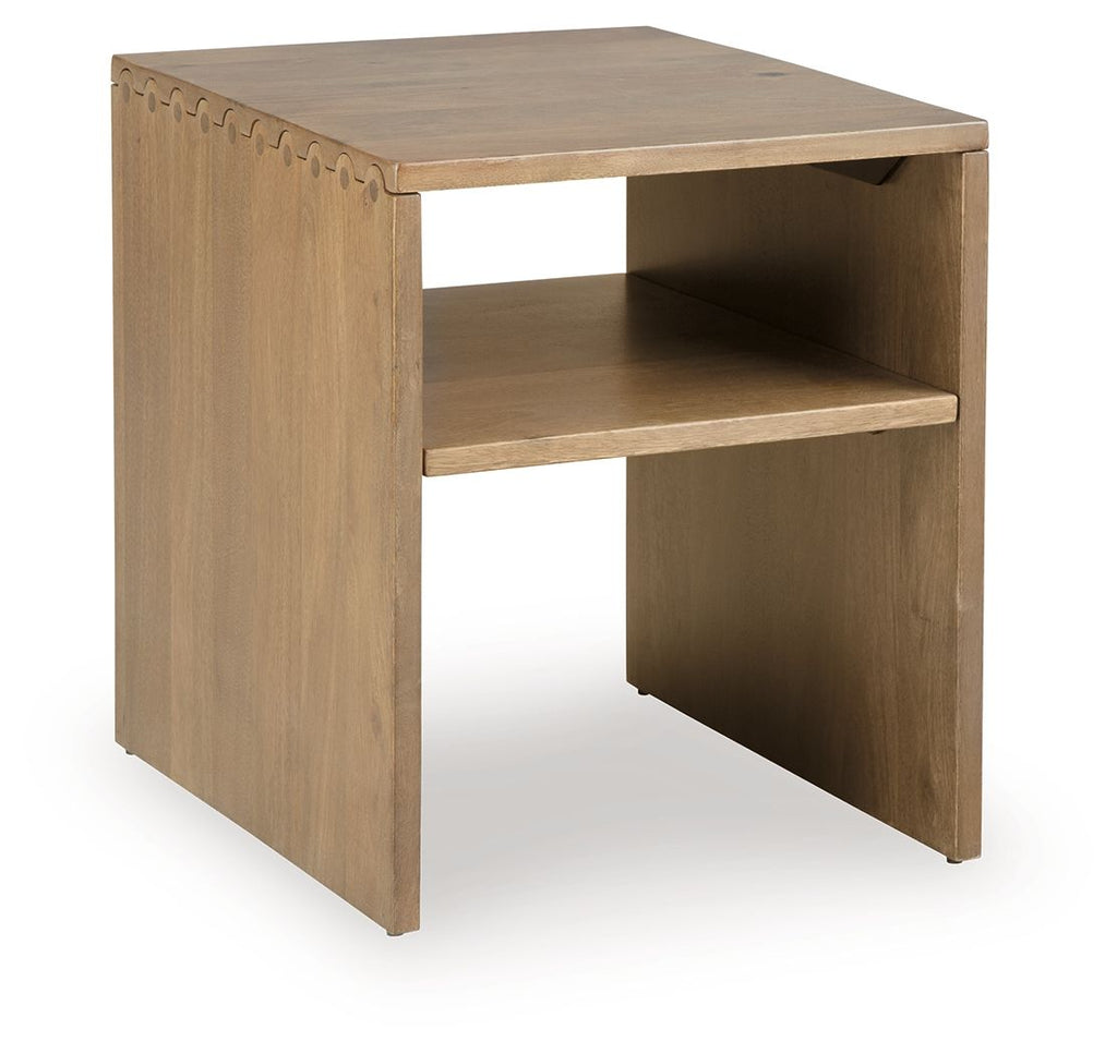 Light brown rectangular table with built-in open shelf and angled legs