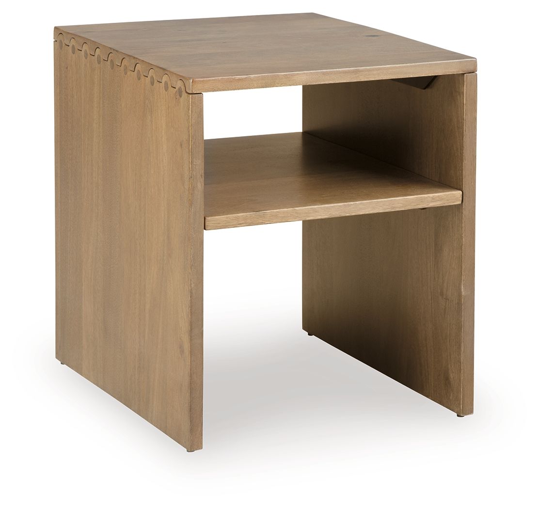 Light brown rectangular table with built-in open shelf and angled legs
