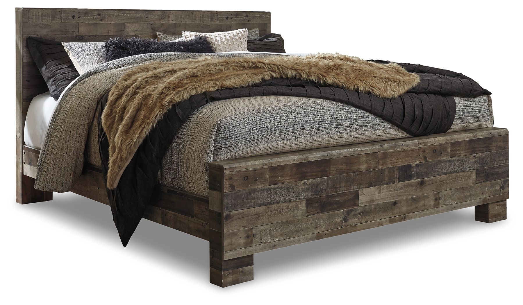 Dark gray panel bed with headboard and layered bedding, close angled side view
