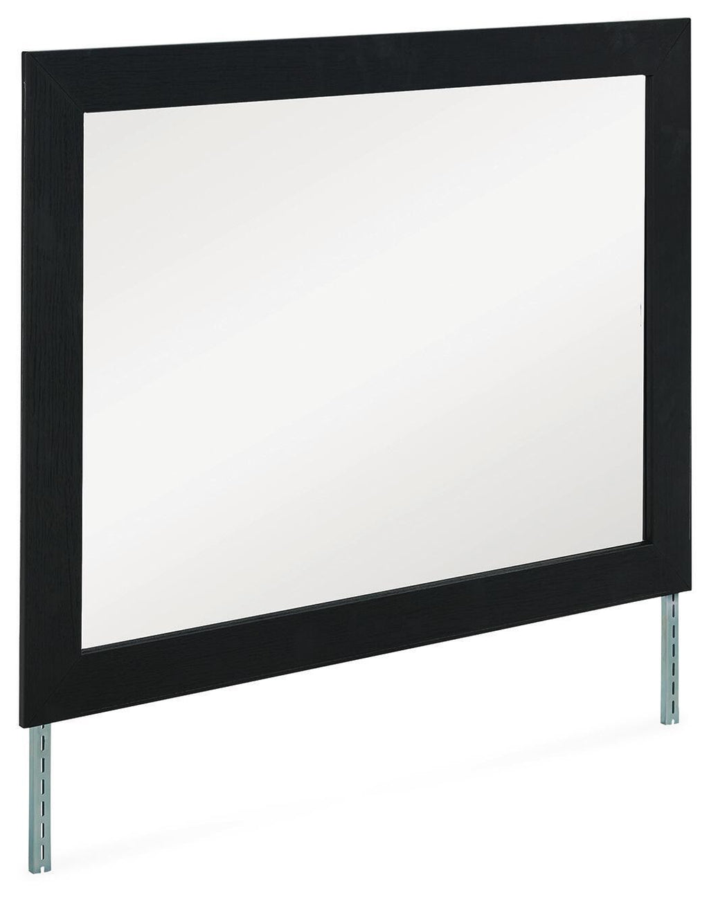 Black bedroom mirror with rectangular frame and two metal support legs