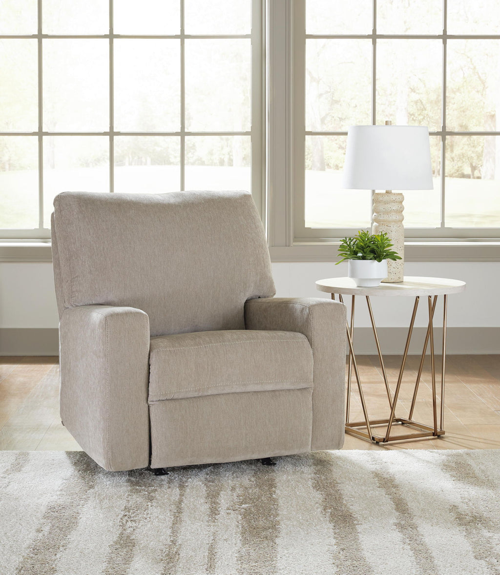Light gray fabric rocker recliner chair with supportive backrest and padded arm areas.