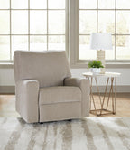 Light gray fabric rocker recliner chair with supportive backrest and padded arm areas.