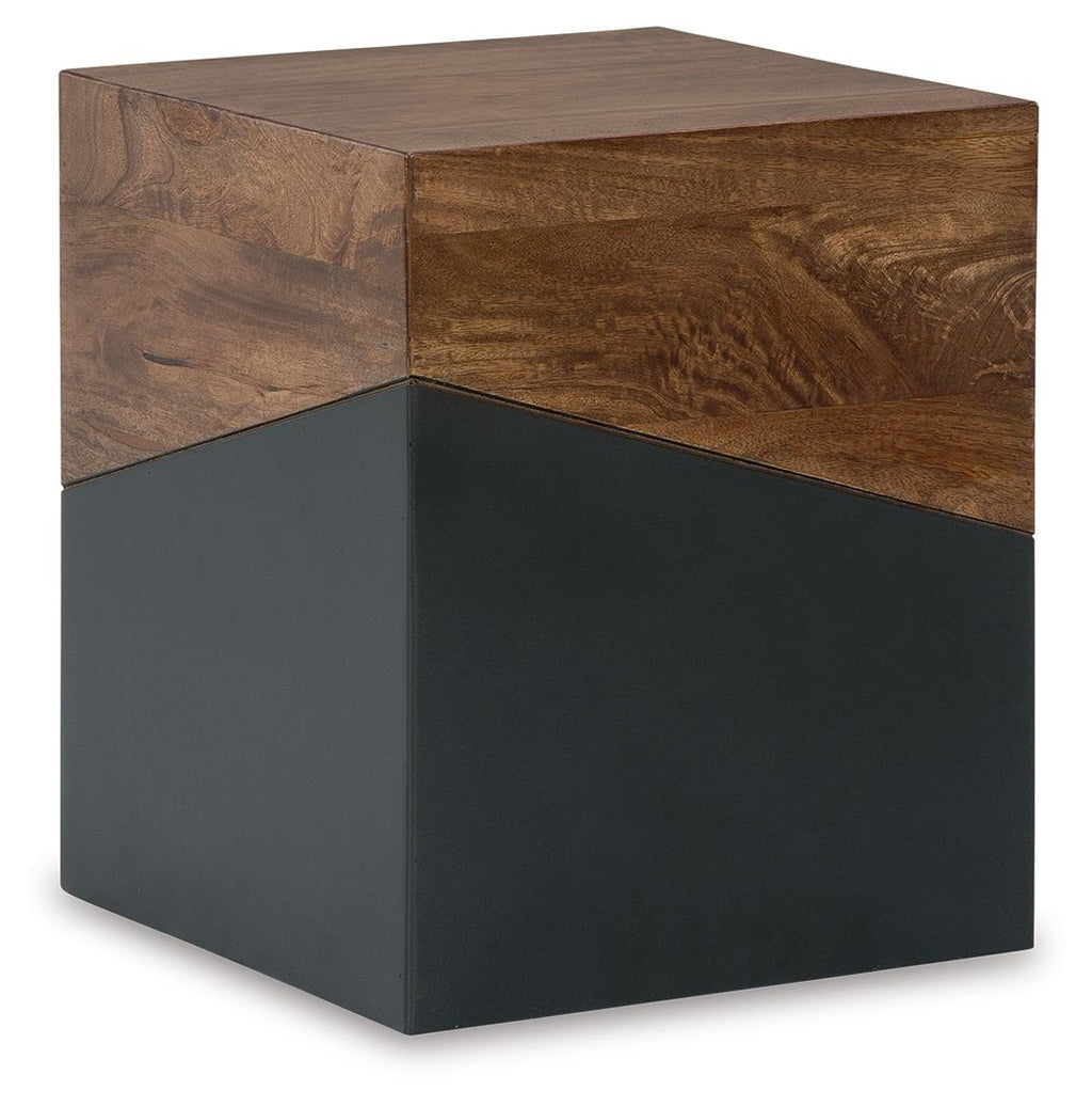 Brown wood accent table with gunmetal gray sides and square tabletop