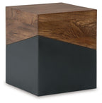 Brown wood accent table with gunmetal gray sides and square tabletop