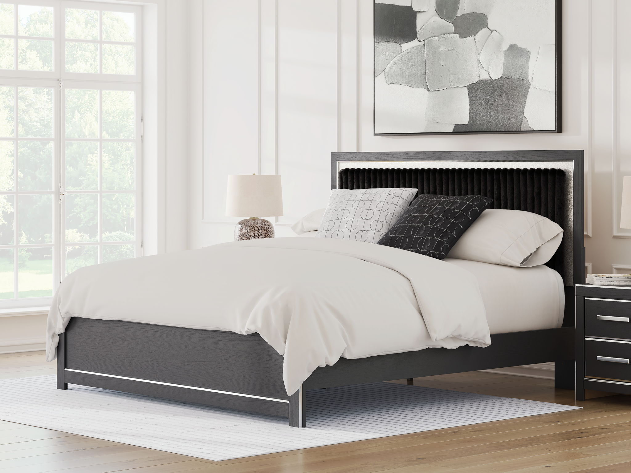 Dark upholstered panel platform bed with tall roll-slat headboard and side rails
