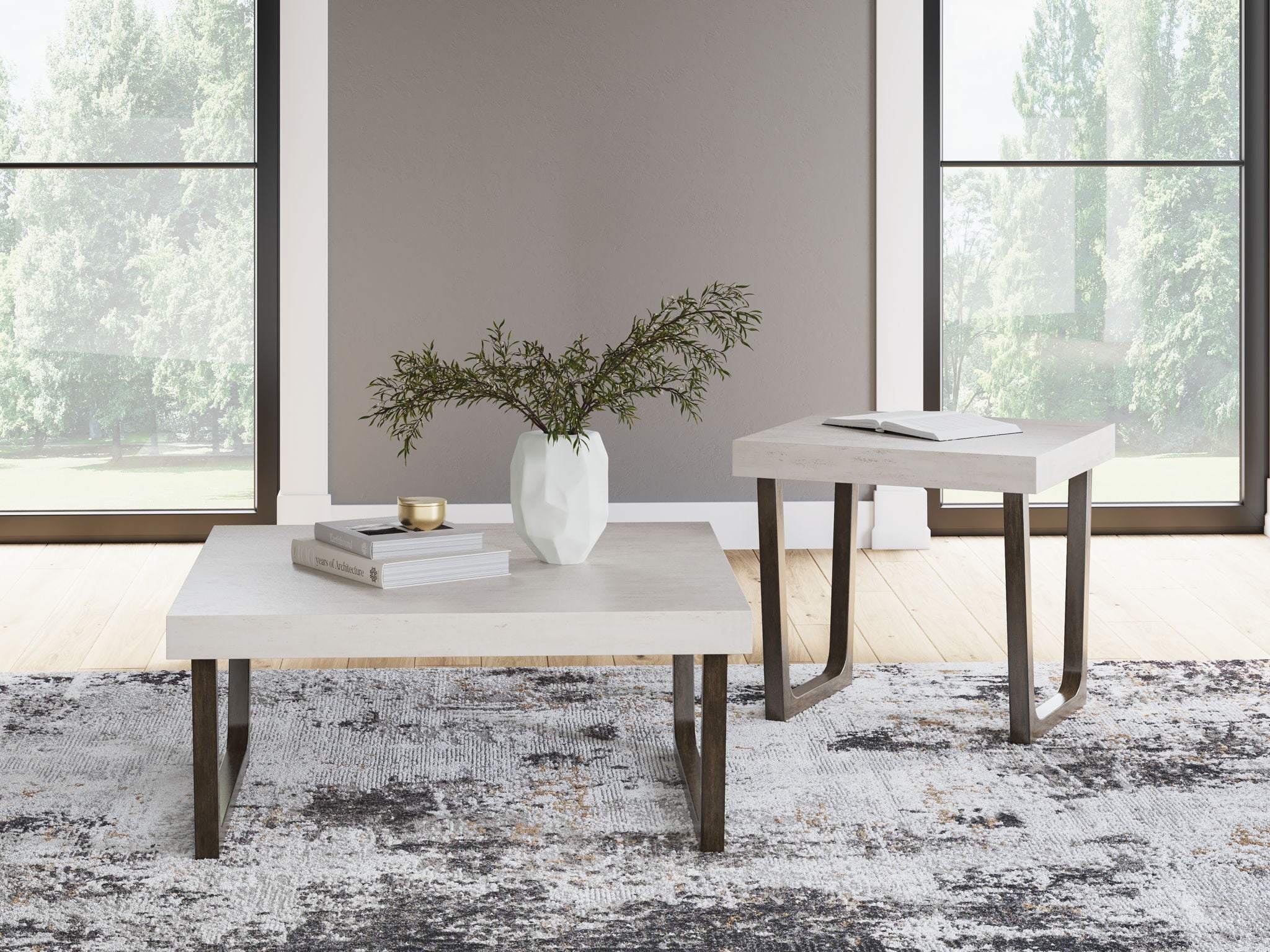 Two occasional tables on living room floor: light wood-look tops with dark espresso legs