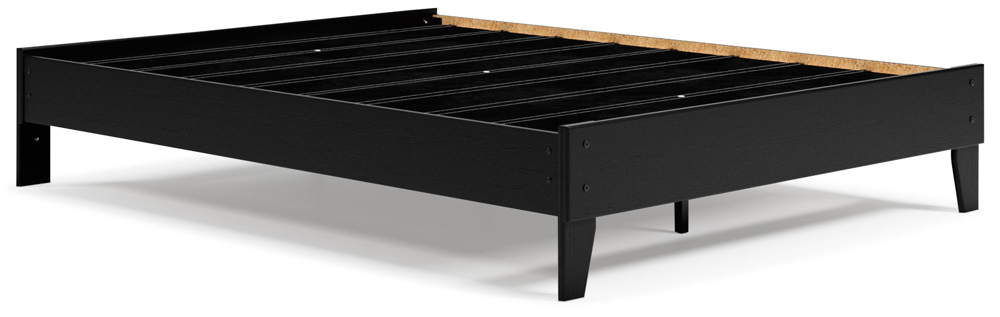 Queen platform bed frame in black with open slat support