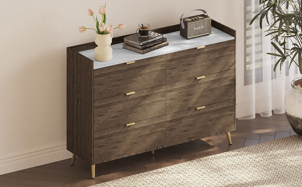 55" 6-Drawer Dresser Marbling Top Walnut