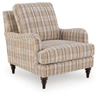 Beige striped accent chair with rolled arms, cushioned seat, dark wooden legs