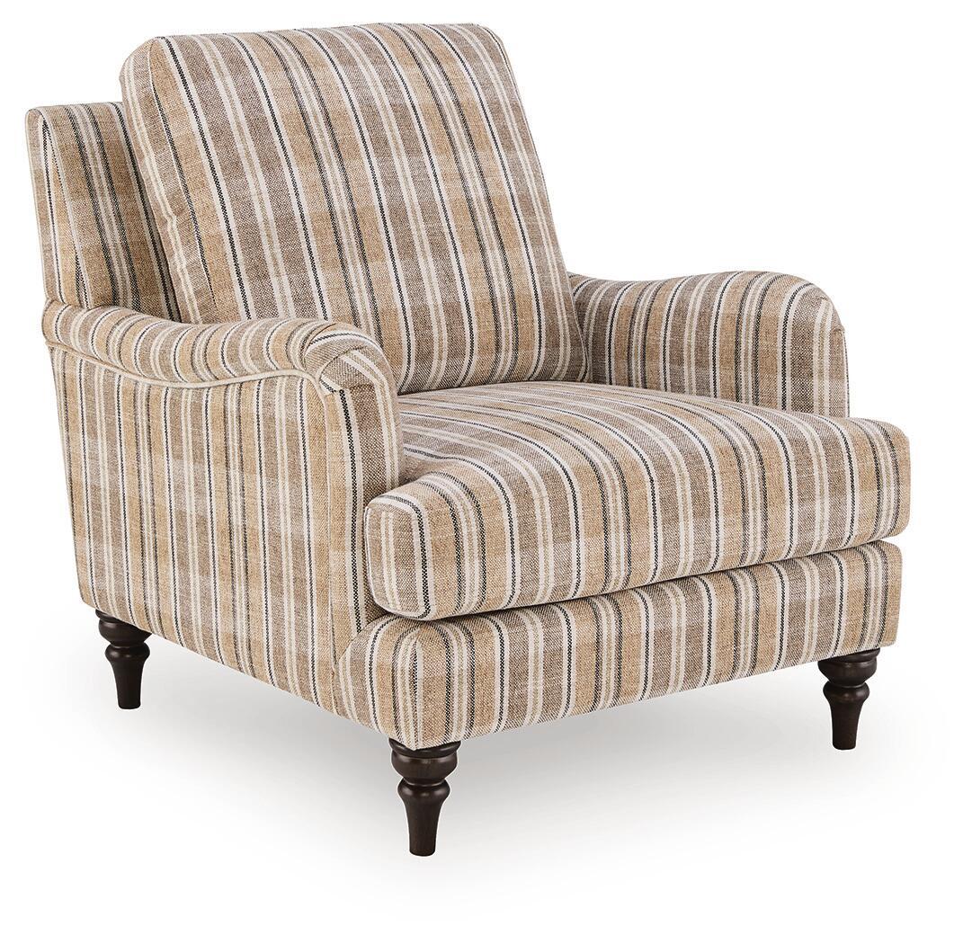 Beige striped accent chair with rolled arms, cushioned seat, dark wooden legs