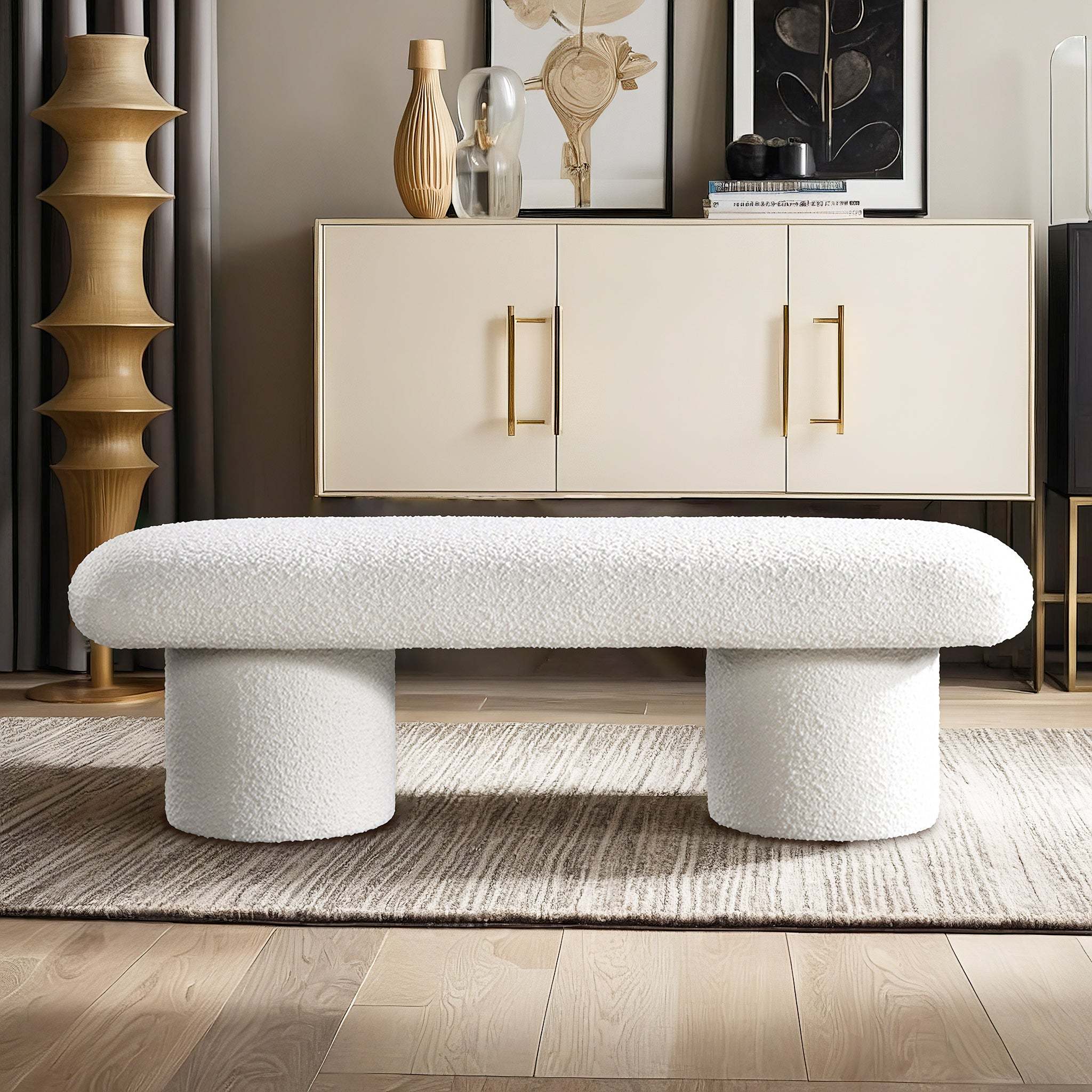Randolph Ivory Boucle Bench: Luxurious Modern Upholstered Seating