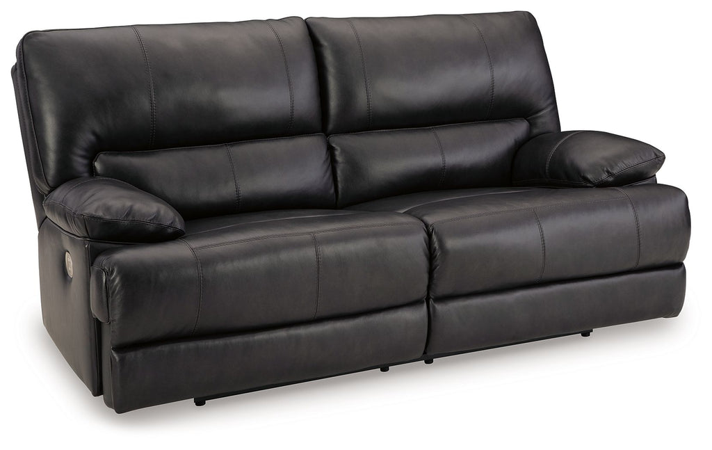 Black leather-look sofa with padded arms and tufted back cushions, front view