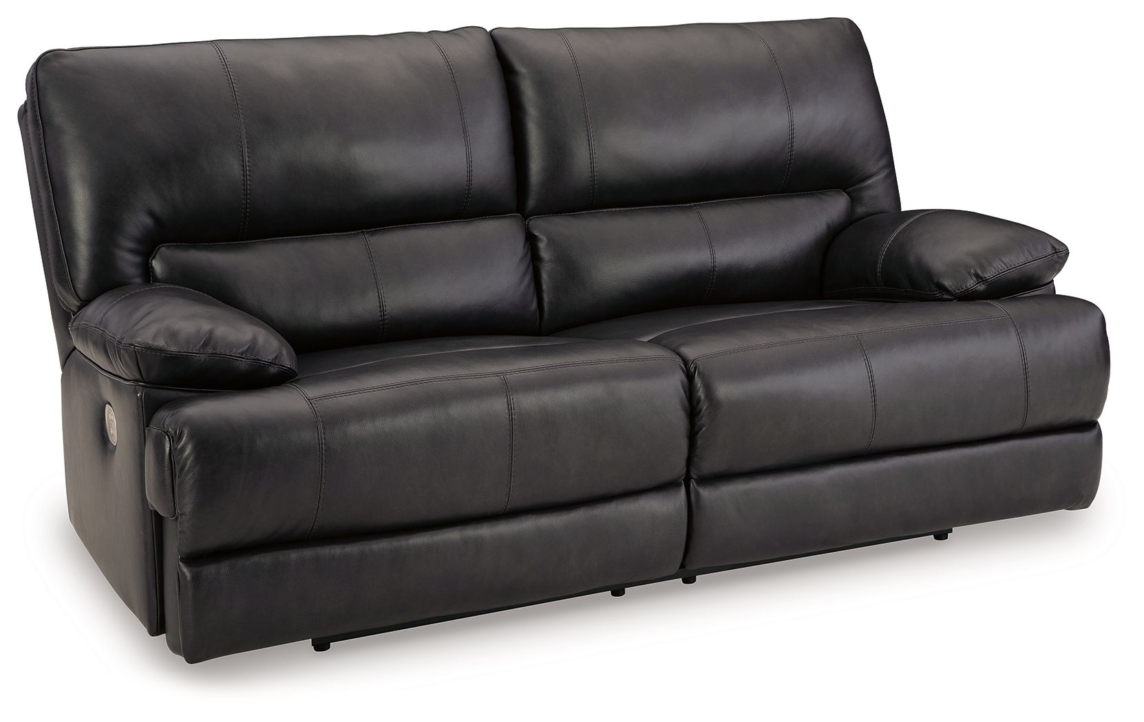 Black leather-look sofa with padded arms and tufted back cushions, front view