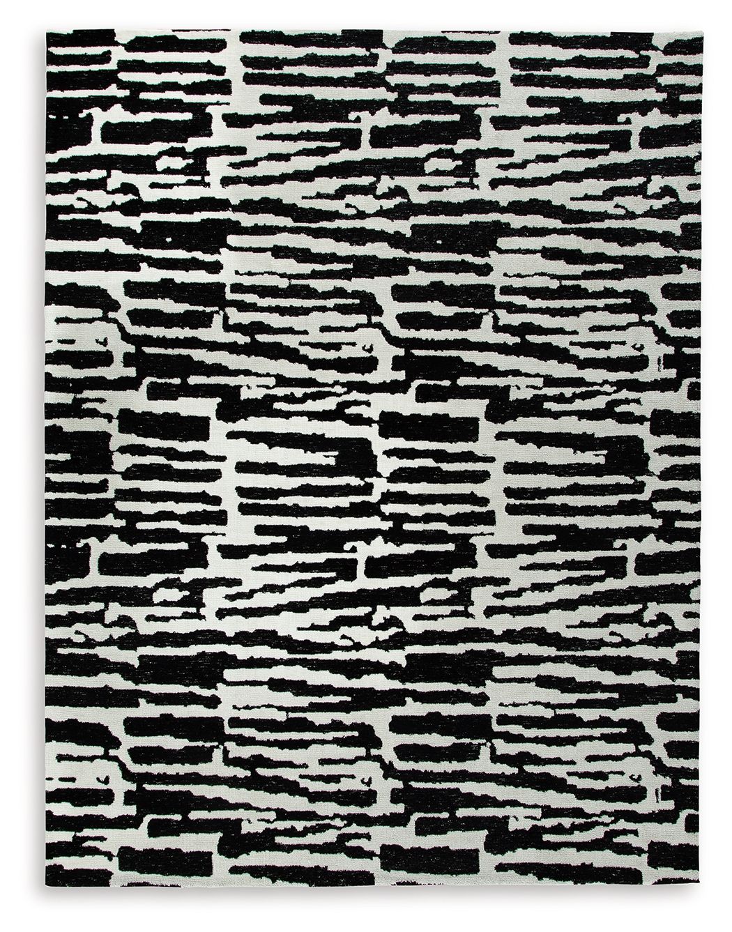 Black-and-white abstract striped area rug with irregular horizontal block pattern