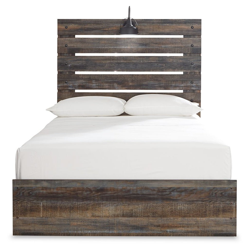Panel bed with dark wood frame and panel headboard; white bedding with two pillows