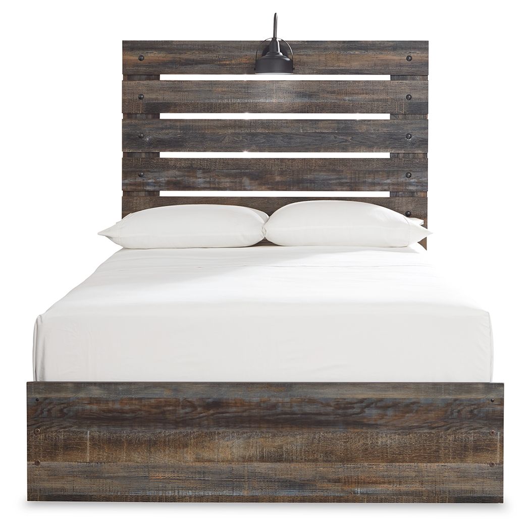 Panel bed with dark wood frame and panel headboard; white bedding with two pillows