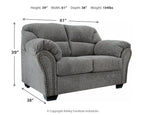 Pewter gray loveseat with nailhead trim, rounded arms, and tufted back cushions