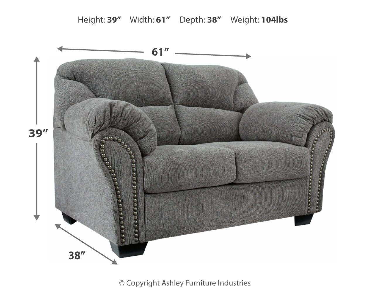 Pewter gray loveseat with nailhead trim, rounded arms, and tufted back cushions