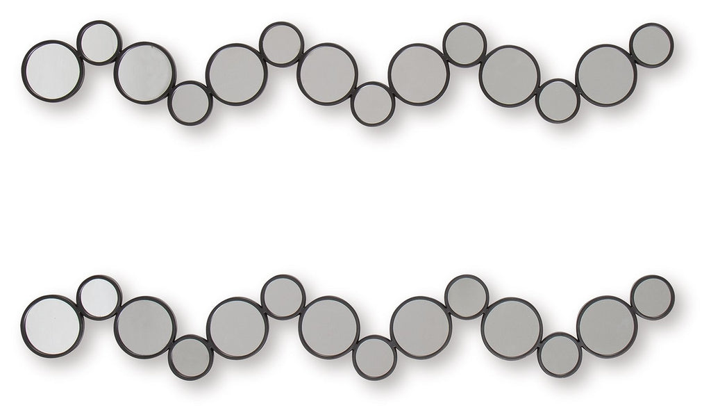 Set of 2 black round accent mirrors, horizontal staggered circle garland