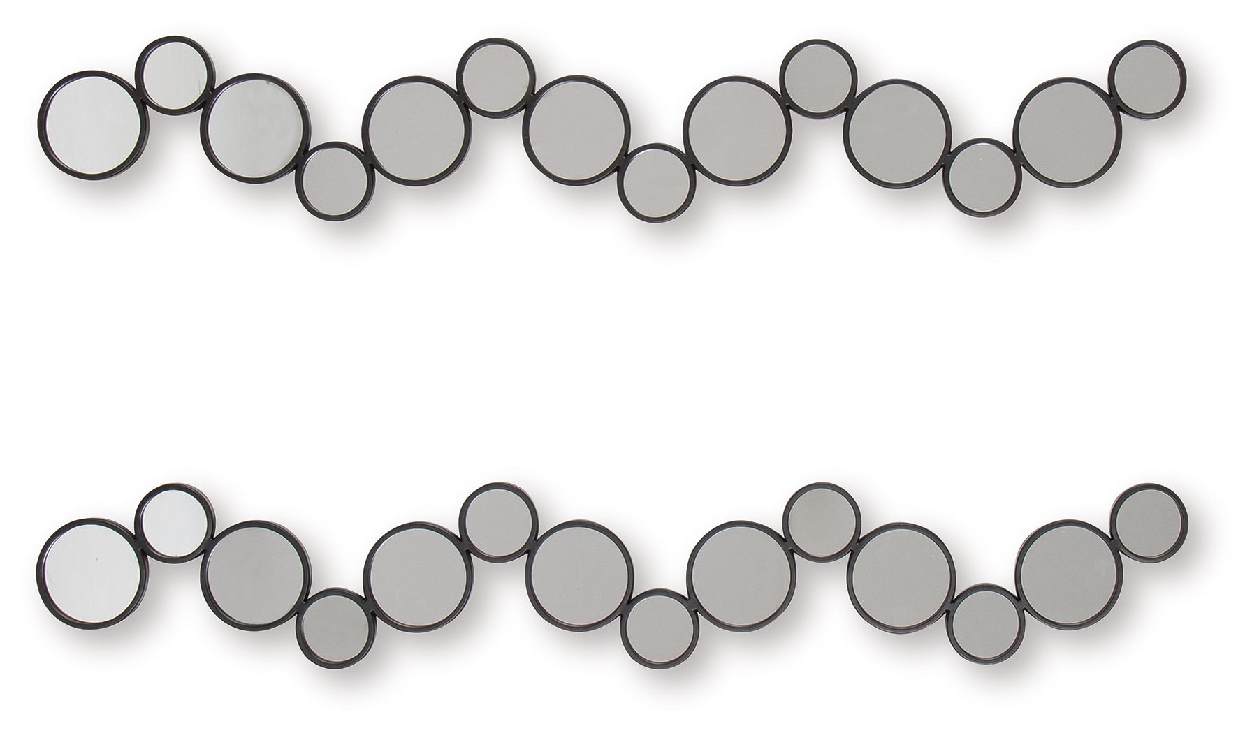 Set of 2 black round accent mirrors, horizontal staggered circle garland