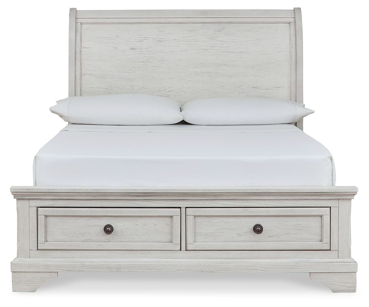 White sleigh bed with two drawers beneath and paneled headboard