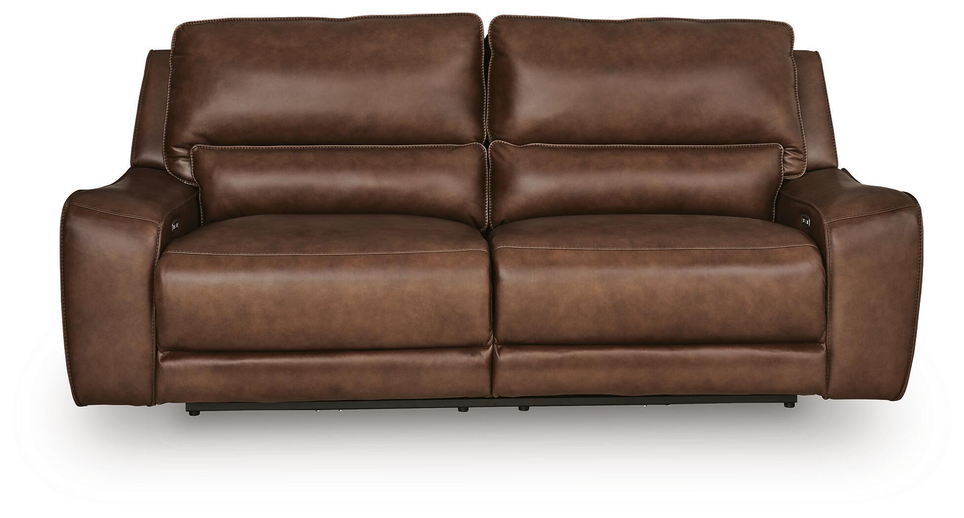Power reclining sectional sofa in dark brown leather, dual recliner seat front view