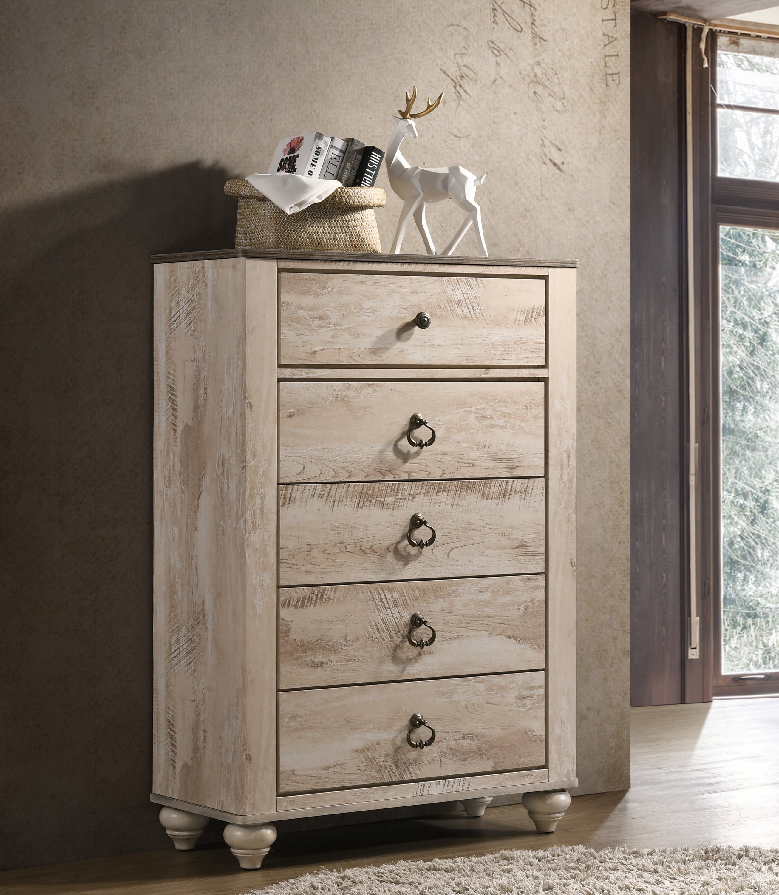 Imerland Contemporary 5-Drawer Chest Patched Wood White Wash