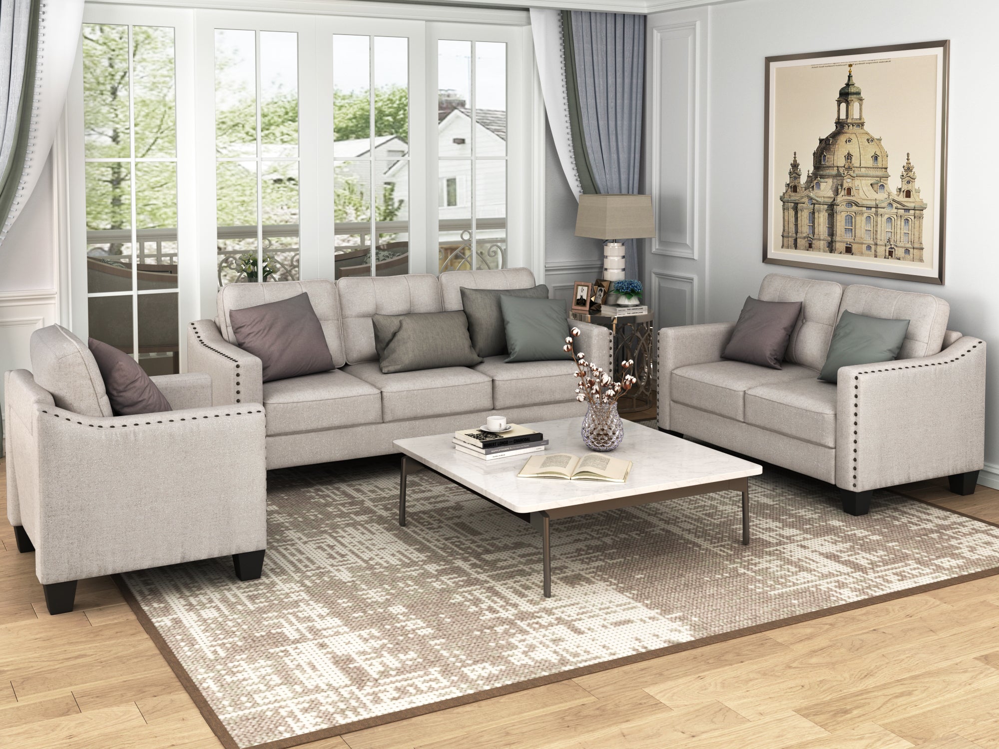 U-Style 3-Piece Living Room Set in Beige: Sofa, Loveseat, Armchair | Stylish and Comfortable Addition to Your Home