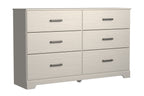 White six-drawer dresser with six drawers and black metal bar pulls