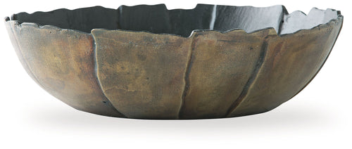 Metal bowl with scalloped rim, dark interior and antique gold exterior finish