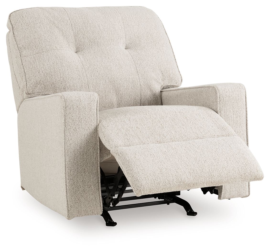 Stone fabric rocker recliner with extended footrest, side view