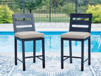 Set of 2 blue barstools with gray square cushions and footrest stretchers