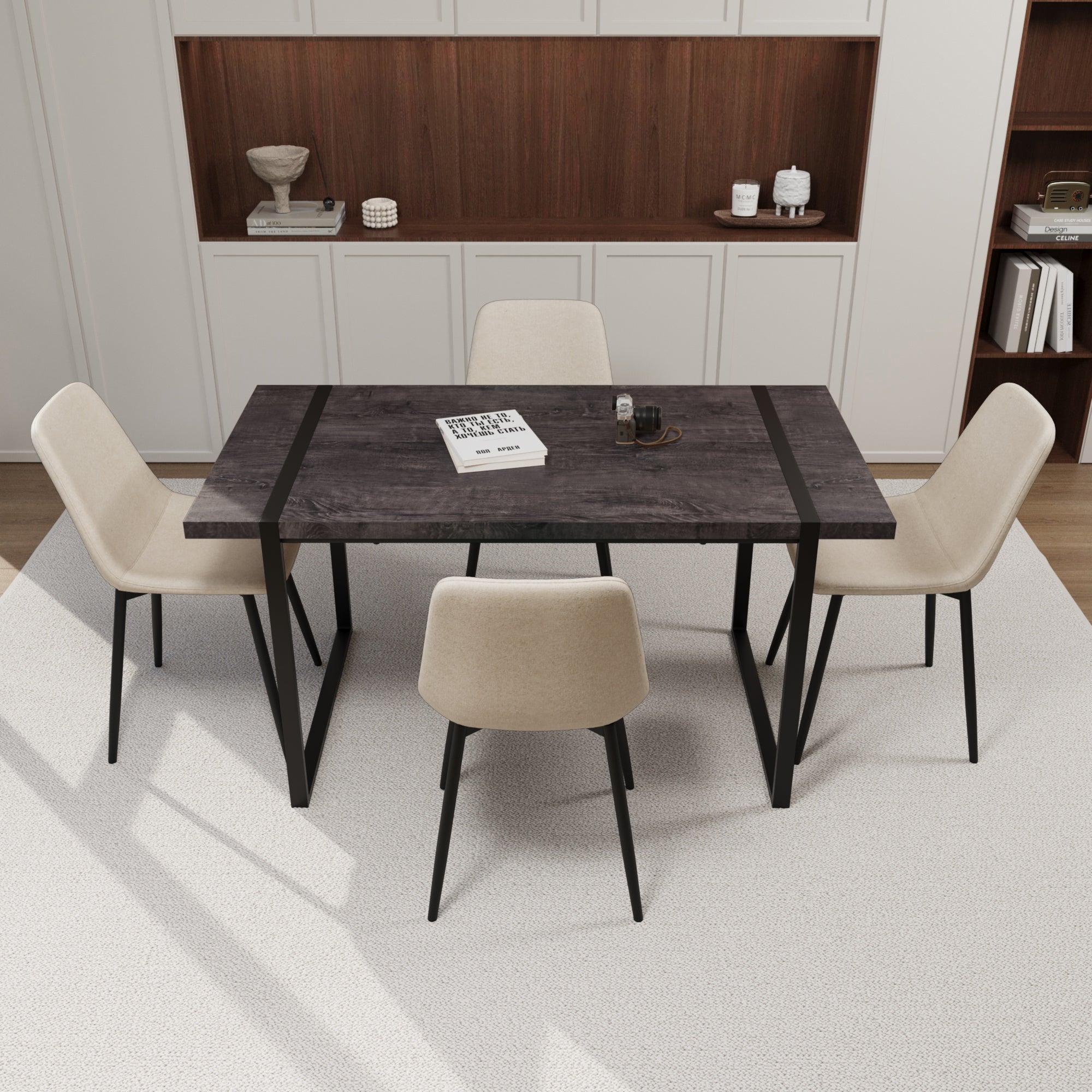 59" Black Dining Table Set w/ 4 Suede Chairs